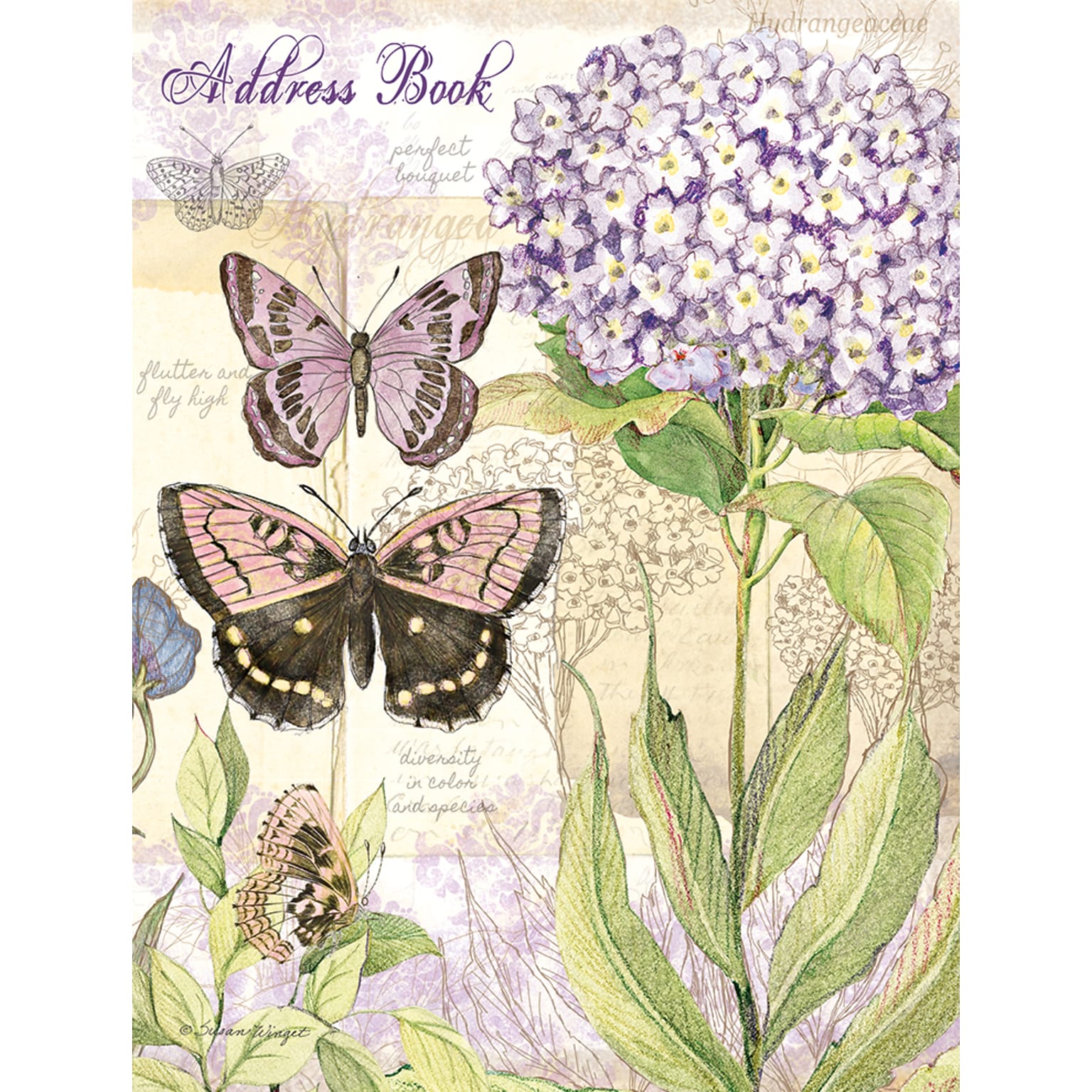 LANG Field Guide 6 1/2W x 8 1/2H Address Book by Susan Winget, Hydrangeas and Butterflies (1013241)