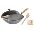 Joyce Chen Classic Series 14-Inch Uncoated Carbon Steel Wok Set with Lid & Birch Handles, 4-Pieces,