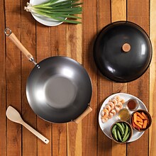 Joyce Chen Classic Series 14-Inch Uncoated Carbon Steel Wok Set with Lid & Birch Handles, 4-Pieces,