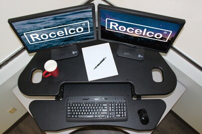 Rocelco 46"W 5"-18"H Adjustable Corner Standing Desk Converter with ACUSB Dual Monitor Stand, Black (R CADRB-46-DMS)