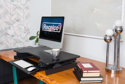 Rocelco 40"W 5"-20"H Adjustable Standing Desk Converter, Sit Stand Up Dual Monitor Riser, Black (R DADRB-40)