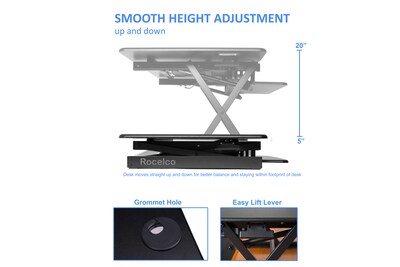 Rocelco 46"W 5"-20"H Large Adjustable Standing Desk Converter with Dual Monitor Mount, Black (R DADRB-46-DM2)