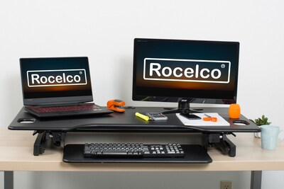 Rocelco 46"W 5"-20"H Large Standing Desk Converter, Stand Up Triple Monitor Riser, Black (R DADRB-46)