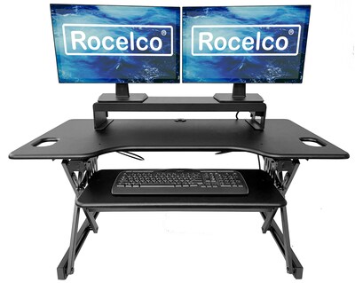 Rocelco 46W 5-20H Large Adjustable Standing Desk Converter with AC USB Charger Dual Monitor Stand