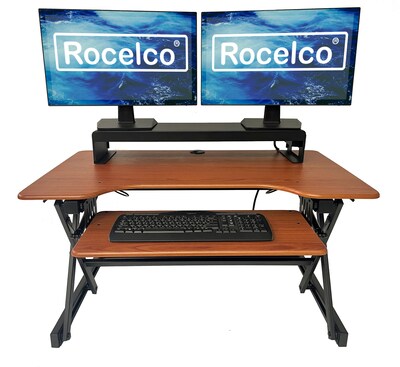 Rocelco 40W 5-20H Adjustable Standing Desk Converter with ACUSB Dual Monitor Stand, Teak (R DADRT