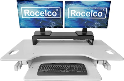 Rocelco 46"W 5"-20"H Large Adjustable Standing Desk Converter with ACUSB Charger Dual Monitor Stand, White (R DADRW-46-DMS)