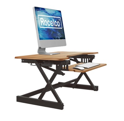 Rocelco 32"W 5"-18"H Adjustable Standing Desk Converter, Teak Wood Grain (R EADRT)