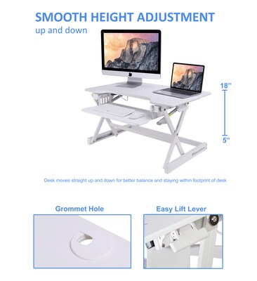 Rocelco 32"W 5"-18"H Adjustable Standing Desk Converter with Anti Fatigue Mat, White (R EADRW-MAFM)
