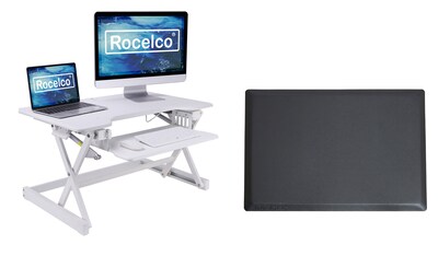 Rocelco 32W 5-18H Adjustable Standing Desk Converter with Anti Fatigue Mat, White (R EADRW-MAFM)