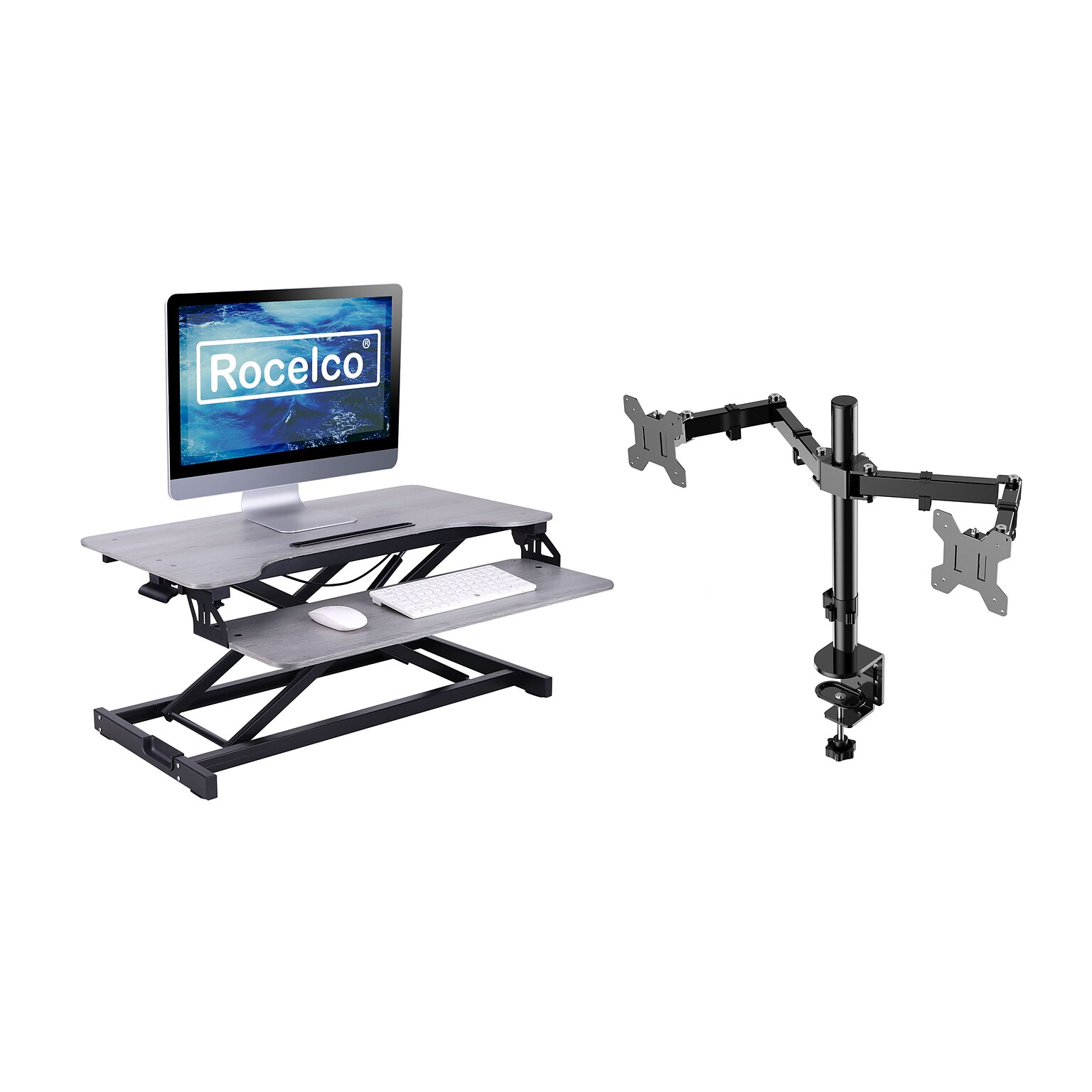 Rocelco 31.5W 4-20H Adjustable Steel Standing Desk Converter with Dual Monitor Mount, Gray (R VADRG-DM2)