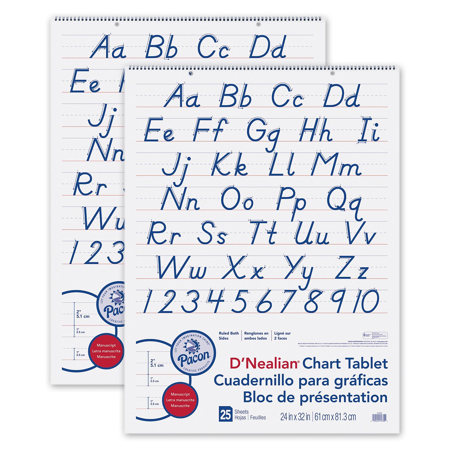 Pacon® DNealian Chart Tablet, Manuscript Cover, 2 Ruled 24 x 32, 25 Sheets, Pack of 2 (PAC74730-2)