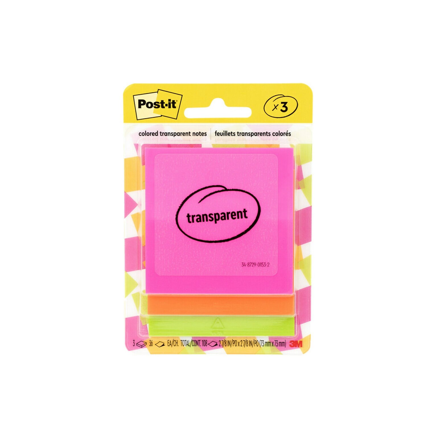 Post-it Transparent Notes Notes, 2.8 x 2.8, Assorted Collection, 30 Sheet/Pad, 3 Pads/Pack (600-3COL)