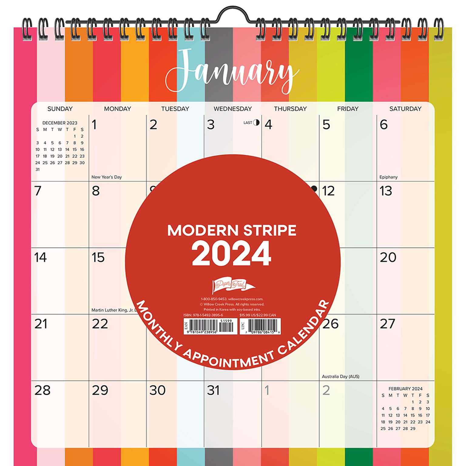 2024 Willow Creek Press Modern Stripe 2024  12 x 12 Spiral Wall Art Grid Calendar 12 x 12 (38956)