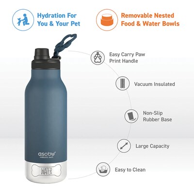 ASOBU Buddy 3-in-1 Water Bottle with Removable Dog Bowl & Food Compartment, 32 oz., Blue (ADNASDB2B)
