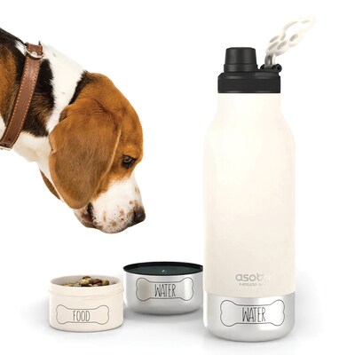 ASOBU Buddy 3-in-1 Water Bottle with Removable Dog Bowl & Food Compartment, 32 oz., White (ADNASDB2W)