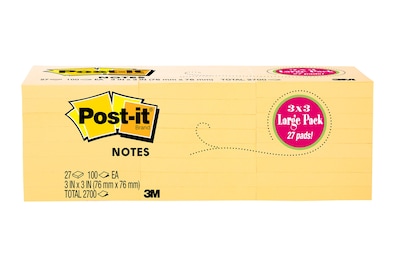 Post-it Notes, 3 x 3, Canary Collection, 100 Sheet/Pad (654-2700-YW)