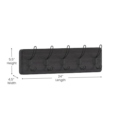 Flash Furniture Daly Wall Mounted Storage Rack with 5 Hooks, Black Wash, Solid Pine Wood (HGWASCR5BLKWSH)