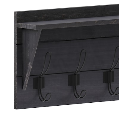 Flash Furniture Daly Wall Mounted Storage Rack with Upper Shelf and 5 Hooks, Black Wash, Solid Pine Wood (HGWACR5BLKWSH)