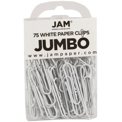 JAM Paper® Colored Jumbo Paper Clips, Large 2 Inch, White Paperclips, 2 Packs of 75 (2184934a)