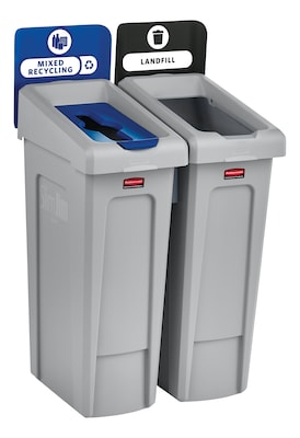 Rubbermaid Slim Jim Plastic Recycling Station Two Stream Landfill/Mixed Recycling, 23 Gal., Gray (20