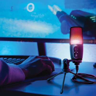 QFX Ultra-High-Resolution USB Microphone with RGB Studio Lights & Desk Tripod Stand, Black (M-192)