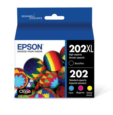 Epson T202XL/T202 Black High Yield and Cyan/Magenta/Yellow Standard Yield Ink Cartridge, 4/Pack (T20