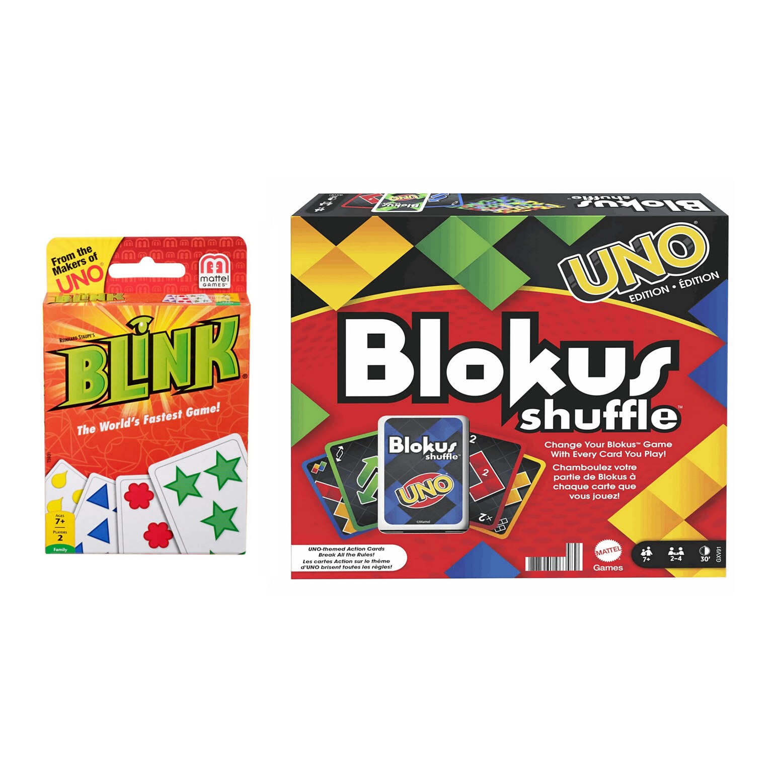 Mattel Game Set: Blink Card Game The Worlds Fastest Game! and Blokus Shuffle: UNO Edition