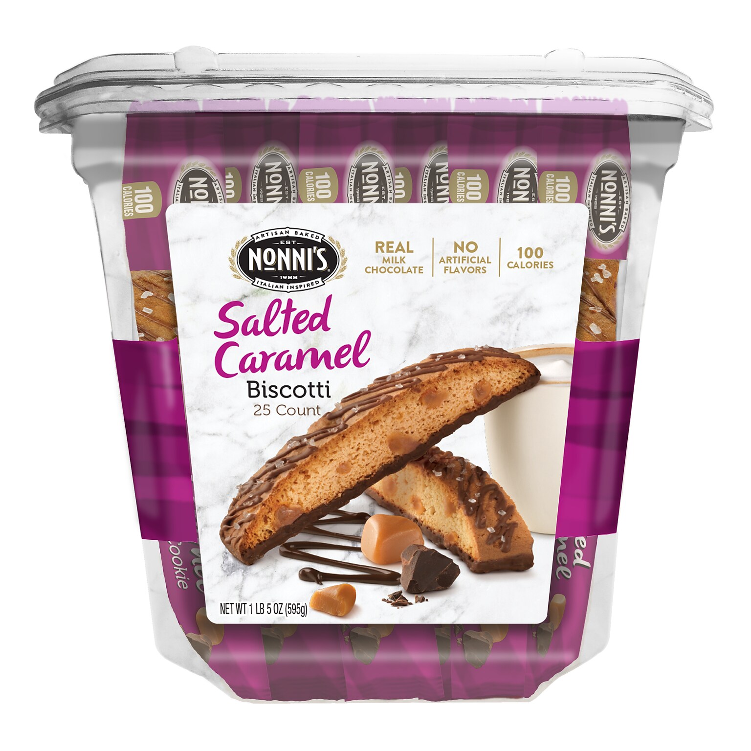 Nonnis individually wrapped Salted Caramel Italian Cookies, .86oz value pack of 25 in a 21.5oz tub