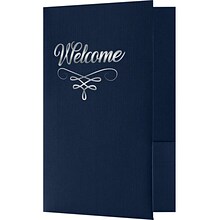 LUX Welcome Folders Standard Two Pockets, Dark Blue Linen/Silver Foil Flourish, 25/Pack (DDBLU100-FS