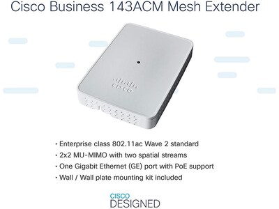 Cisco 100 802.11ac 2x2 Wave 2 Mesh Extender, Wall-Plug, Gray (CBW143ACM-B-NA)