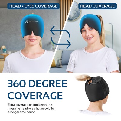 AllSett Health Cold Gel Ice Head Wrap Hat for Headache and Migraine Relief with Hole (ASH874BLK-HOL)