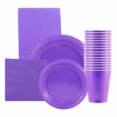 JAM PAPER Party Supply Assortment, Purple, Plates, Napkins, Cups & Tablecloth, 6/Pack (255PPPURPS)