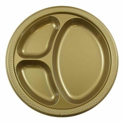 JAM PAPER 3 Compartment Divided Plates, 10 1/4 inch, Plastic, Gold, 20/Pack  (10255CPGLS)
