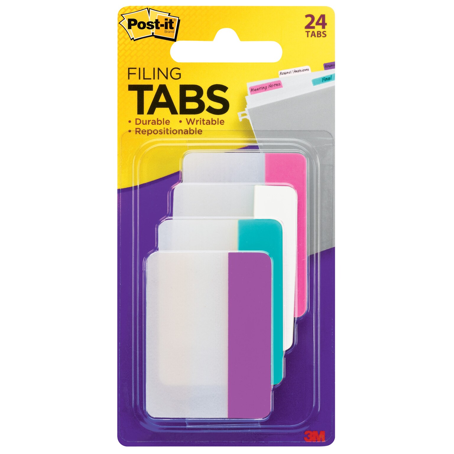 Post-it® Durable Filing Tabs, 2 Wide, Assorted Colors, 24 Tabs/Pack (686PWAV)