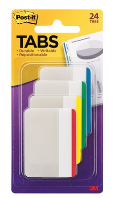 Post-it® Tabs, 2 Wide, Lined, Assorted Colors, 24 Tabs/Pack (686F-1)