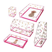 Deflecto® Desklarity™ 5-Piece Desk Set, Precisely Pineapple, Pink/Metallic Gold (DEF-41695)