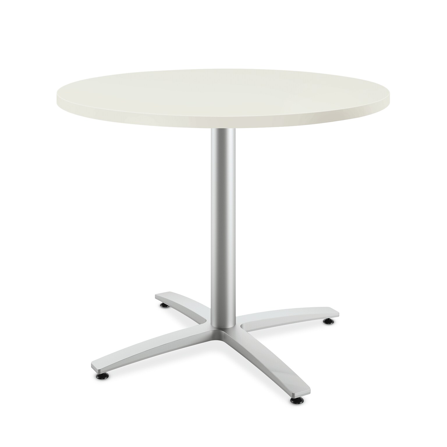 HON Between Round Table, Seated Height X-Base, 36D, Silver Mesh Laminate, Textured Silver Finish