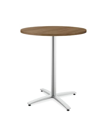 HON Between Round Table, Standing Height X-Base, 36D, Pinnacle Laminate, Textured Silver Finish
