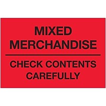 Tape Logic Labels, Mixed Merchandise Check Contents Carefully, 2 x 3, Fluorescent Red, 500/Roll (