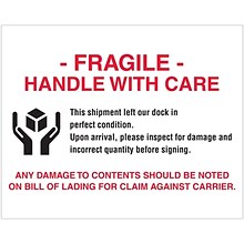 Tape Logic Labels, Fragile Handle With Care, 8 x 10, Red/White/Black, 250/Roll (DL1636)