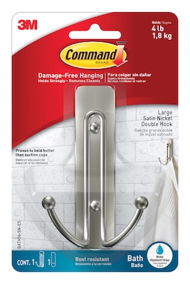 Command Large Double Bath Hook, Satin Nickel, 1 Hook, 1 Large Water-Resistant Strip/Pack (BATH36-SN-