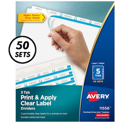 Avery Index Maker Paper Dividers with Print & Apply Label Sheets, 5 Tabs, White, 50 Sets/Pack (11556