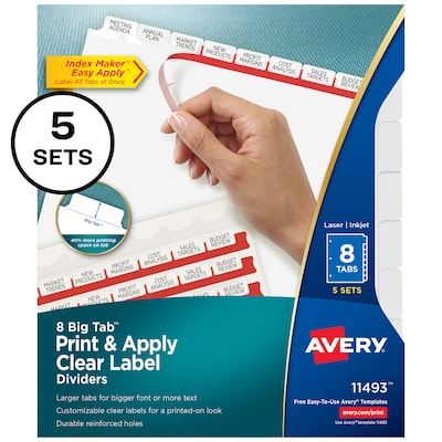 Avery Big Tab Print & Apply Label Blank Dividers, 8-Tab, Clear, 5/Set (11493)