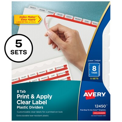 Avery Index Maker Plastic Dividers with Print & Apply Label Sheets, 5 Tabs, Frosted White, 5 Sets/Pack (12450)