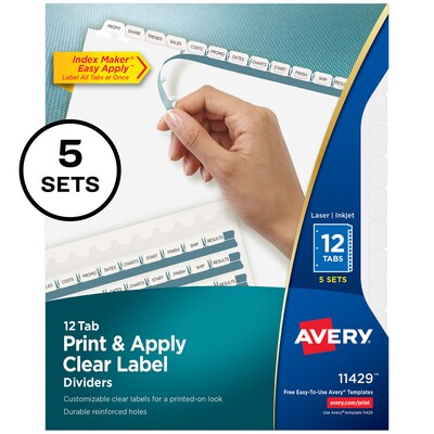 Avery Index Maker Paper Dividers with Print & Apply Label Sheets, 12 Tabs, White, 5 Sets/Pack (11429