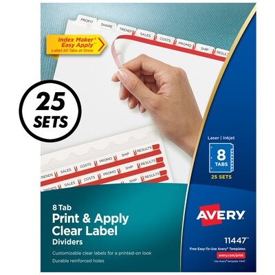Avery Index Maker Paper Dividers with Print & Apply Label Sheets, 8 Tabs, White, 25 Sets/Pack (11447