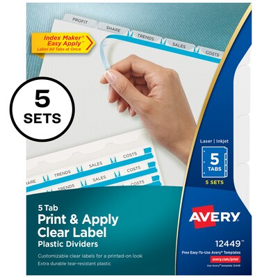 Avery Index Maker Plastic Dividers with Print & Apply Label Sheets, 5 Tabs, Multicolor, 5 Sets/Pack (12449)