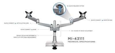 Mount-It! Modular Desk Mount Adjustable Monitor Arm, Up to 24 Monitors, Gray/Silver (MI-43111)