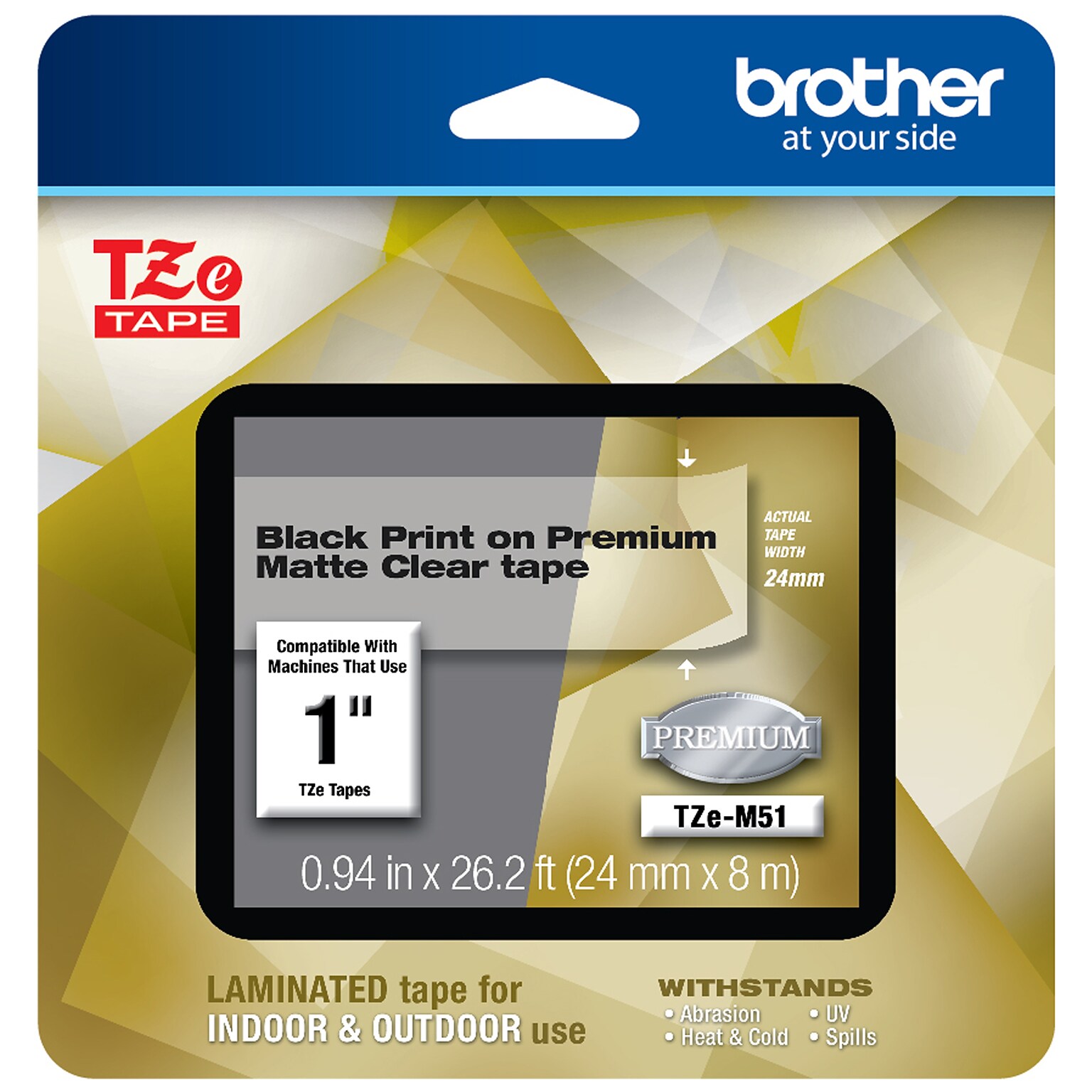 Brother P-touch TZe-M51 Laminated Premium Label Maker Tape, 1 x 26-2/10, Black on Matte Clear (TZe-M51)