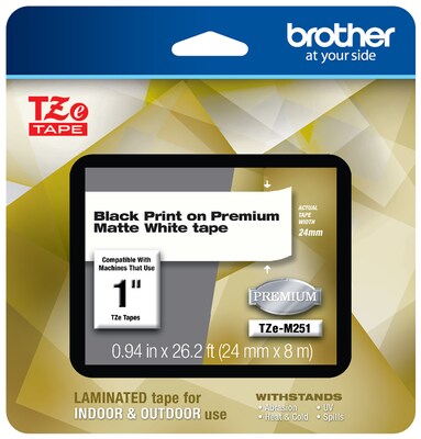 Brother P-touch TZe-M251 Laminated Premium Label Maker Tape, 1 x 26-2/10, Black on Matte White (TZ